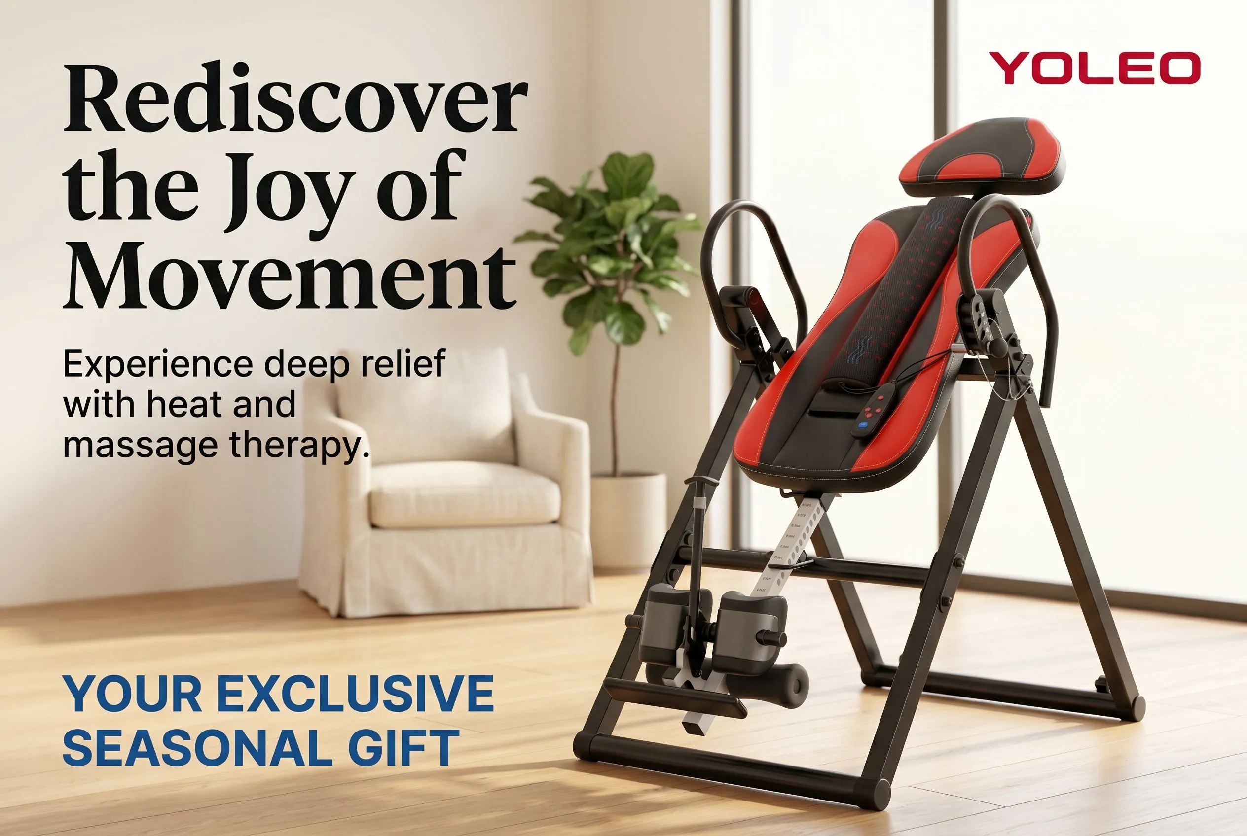 YOLEO inversion table with heat and massage therapy for back pain relief.