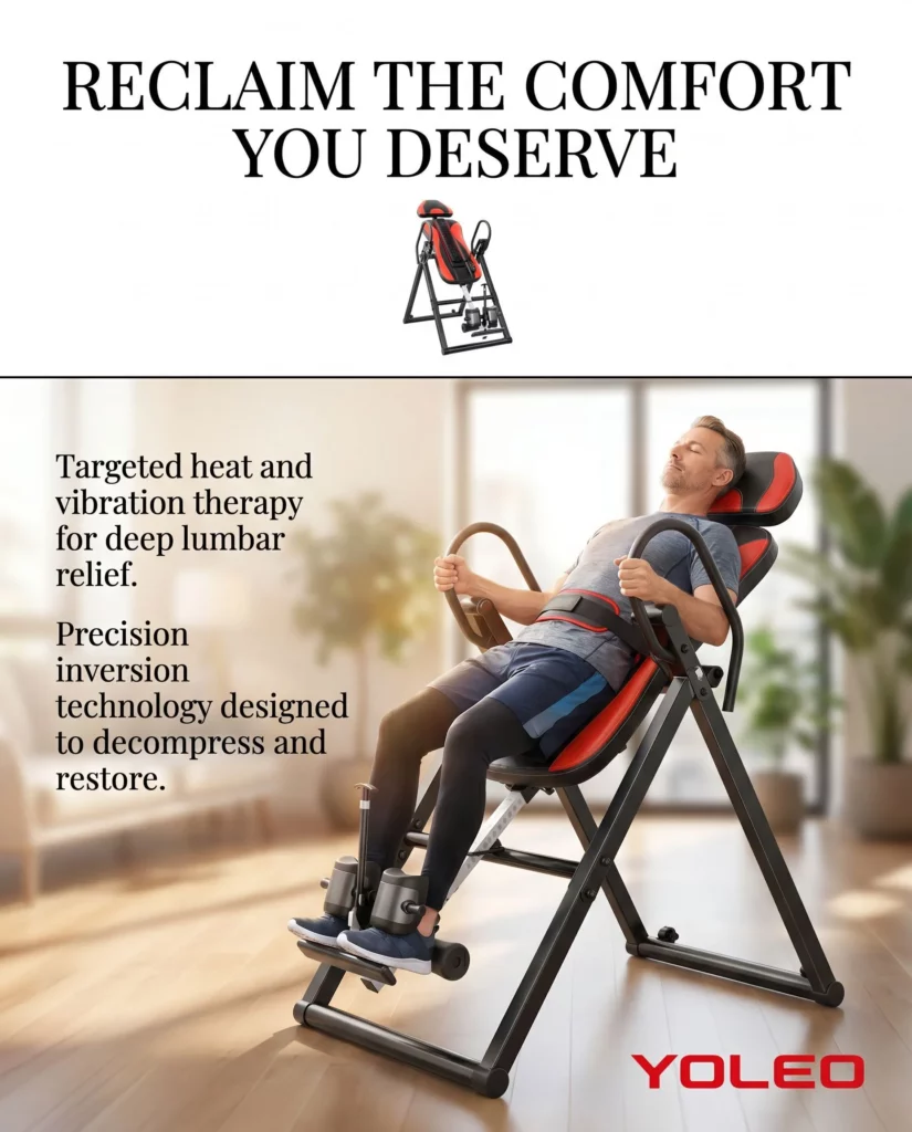 Man relaxing on a YOLEO inversion table with heat and vibration therapy for lumbar relief.