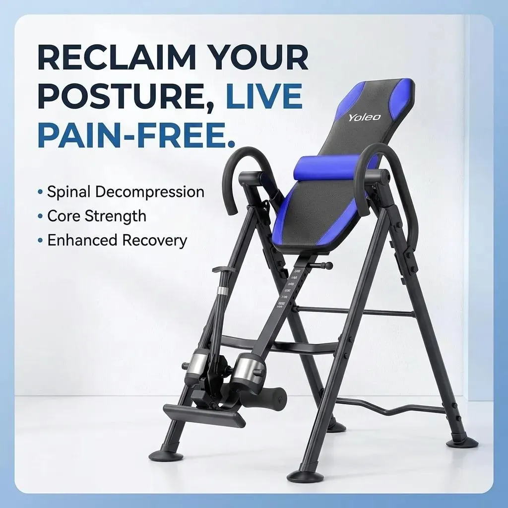 Yoleo inversion table for spinal decompression and pain relief