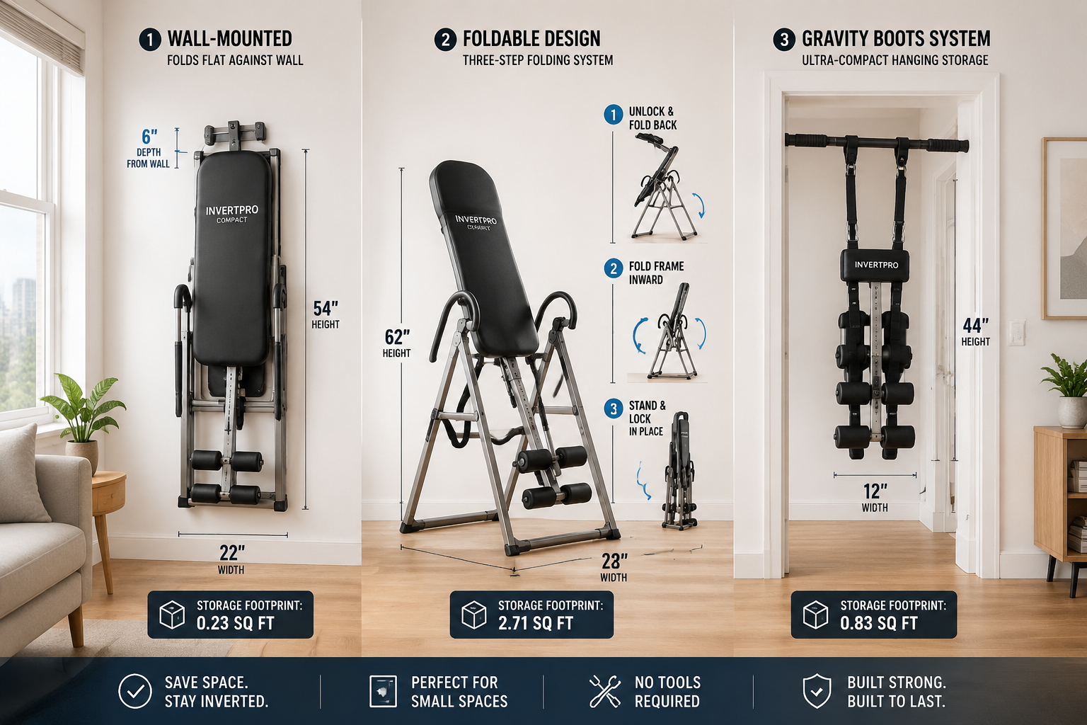 Detailed () editorial photograph showing three distinct compact inversion table models side-by-side comparison in modern