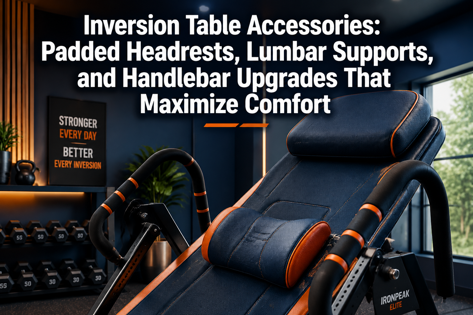 Professional () hero image featuring 'Inversion Table Accessories: Padded Headrests, Lumbar Supports, and Handlebar Upgrades