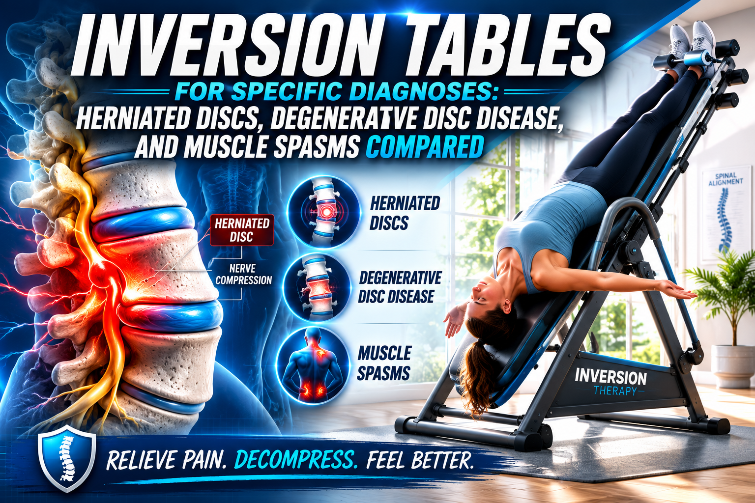 Professional () hero image with 'Inversion Tables for Specific Diagnoses: Herniated Discs, Degenerative Disc Disease, and