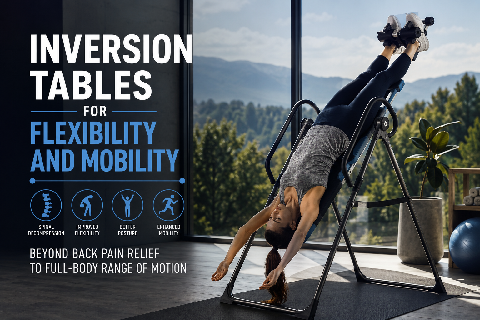 Professional landscape hero image () with : "Inversion Tables for Flexibility and Mobility: Beyond Back Pain Relief to